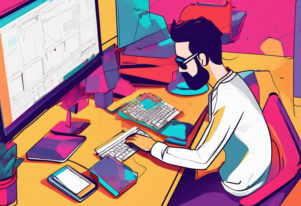 Colorful image of a game developer working on a project using Unity