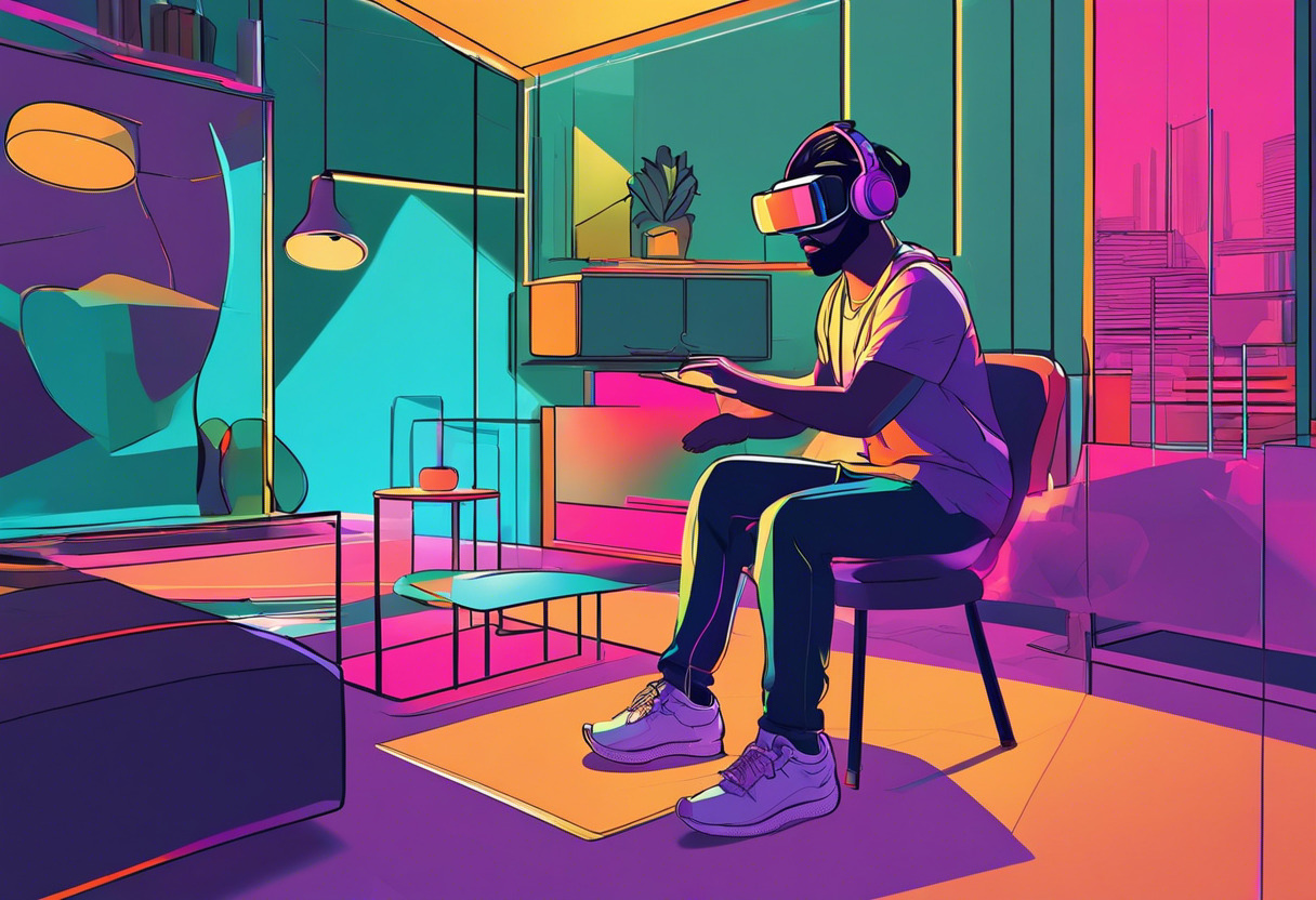 Colorful image of a gamer using VR Box headset in a vibrantly lit gaming room