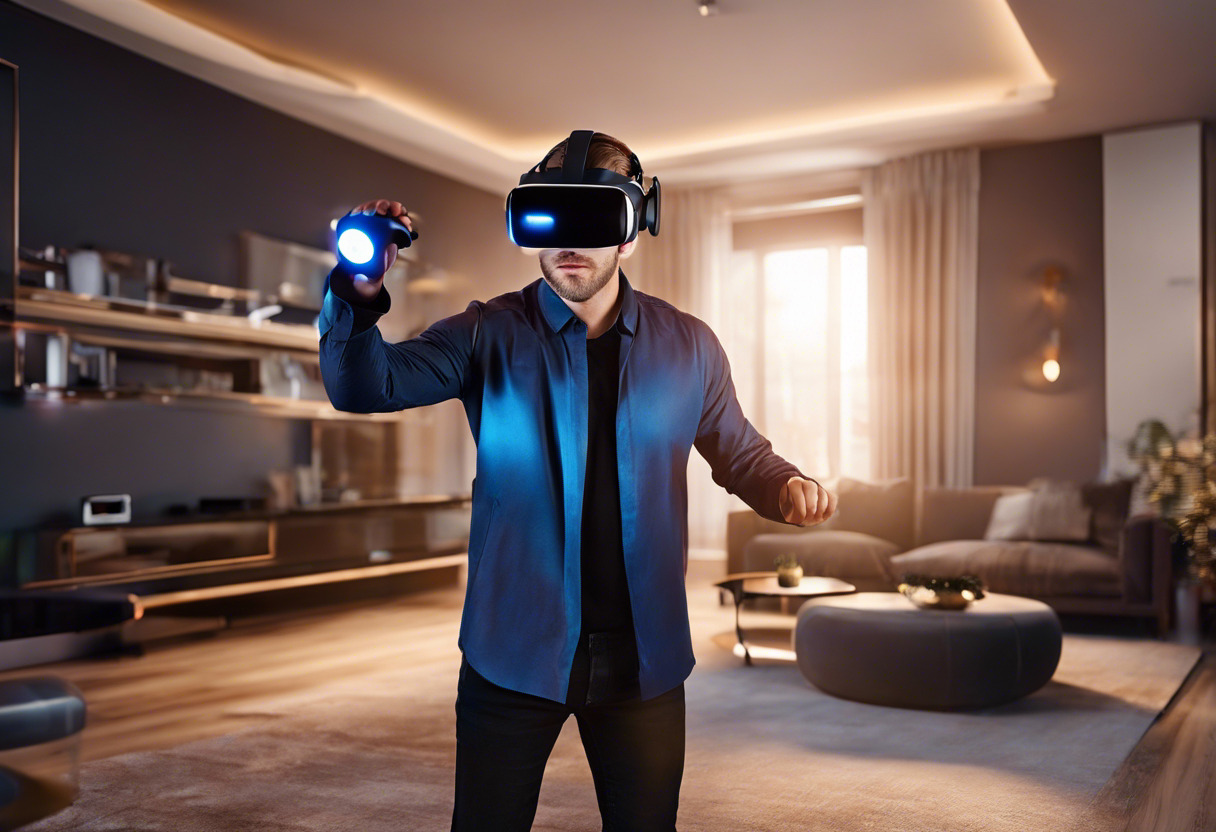 Colorful image of a person, standing in a living room, wearing a high-end VR headset and holding motion controllers