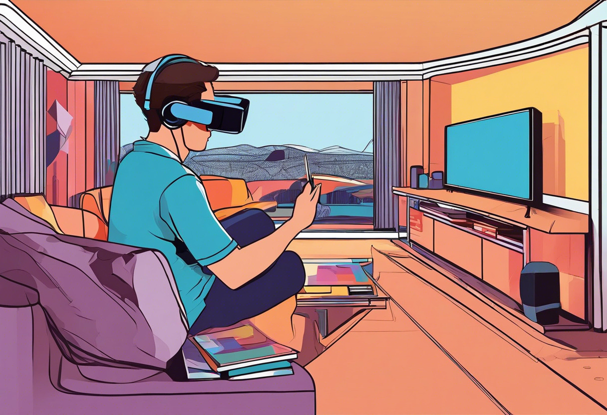 Colorful image of a tech enthusiast delving into the 3D world using Oculus Rift in his modern living room