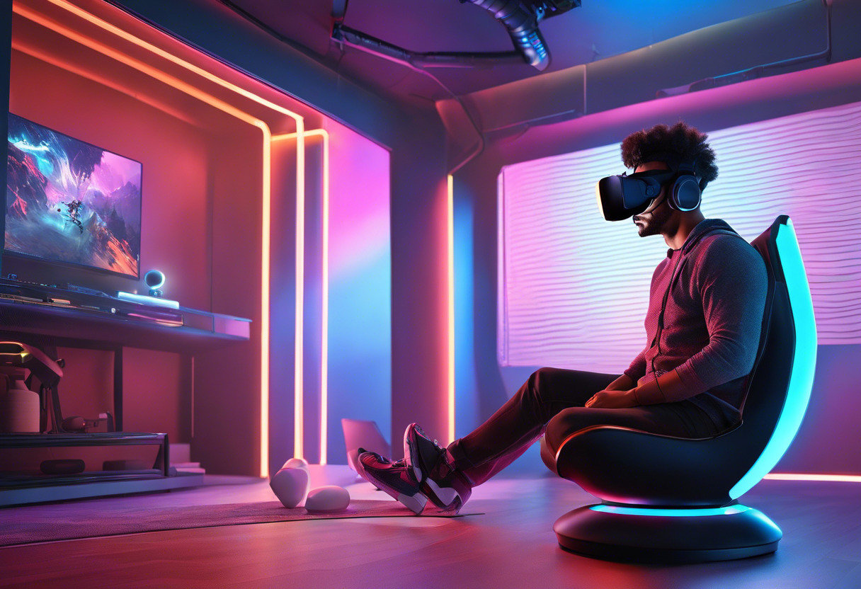 Colorful image of a tech user delving into the VR journey with Valve Index in a modern gaming room