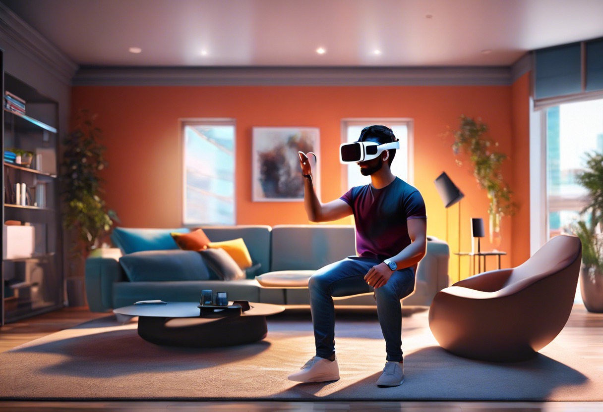 Colorful image of a technology enthusiast using the Pico 4 VR headset in a modern living room