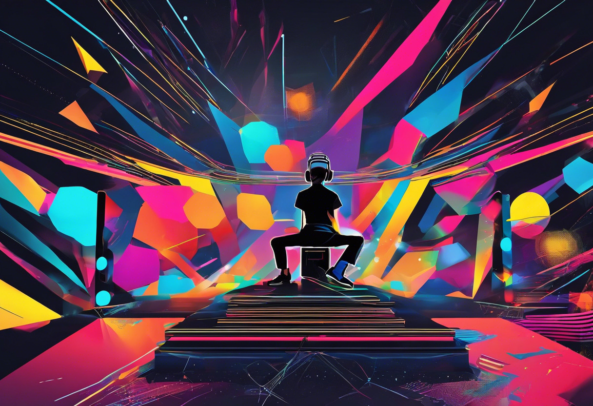 Colorful image of a VJ performing at an AV festival, using Resolume ARENA