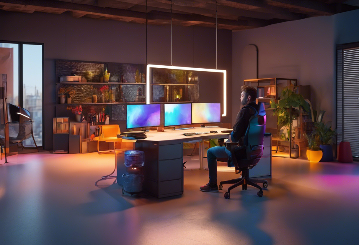 Colorful image of an animator working on Element 3D in a modern studio