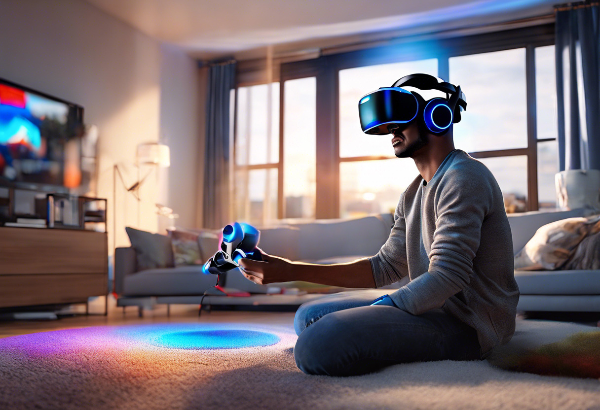 Colorful image of an enthusiastic gamer deploying PlayStation VR headset in a spacious living room with a PlayStation console