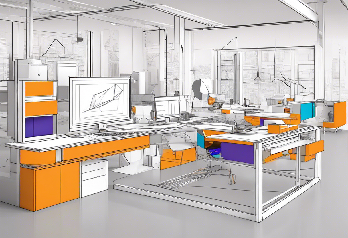 Colorful image of professional working on complex 3D models using Zephyr by 3Dflow in a design studio.