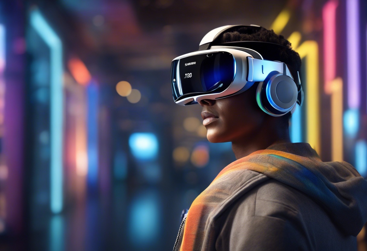 Colorful impression of a person using Samsung Gear VR in a gaming environment