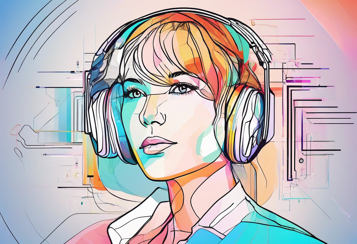 Colorful input data visualization with a headset wearer and a detailed, digital space