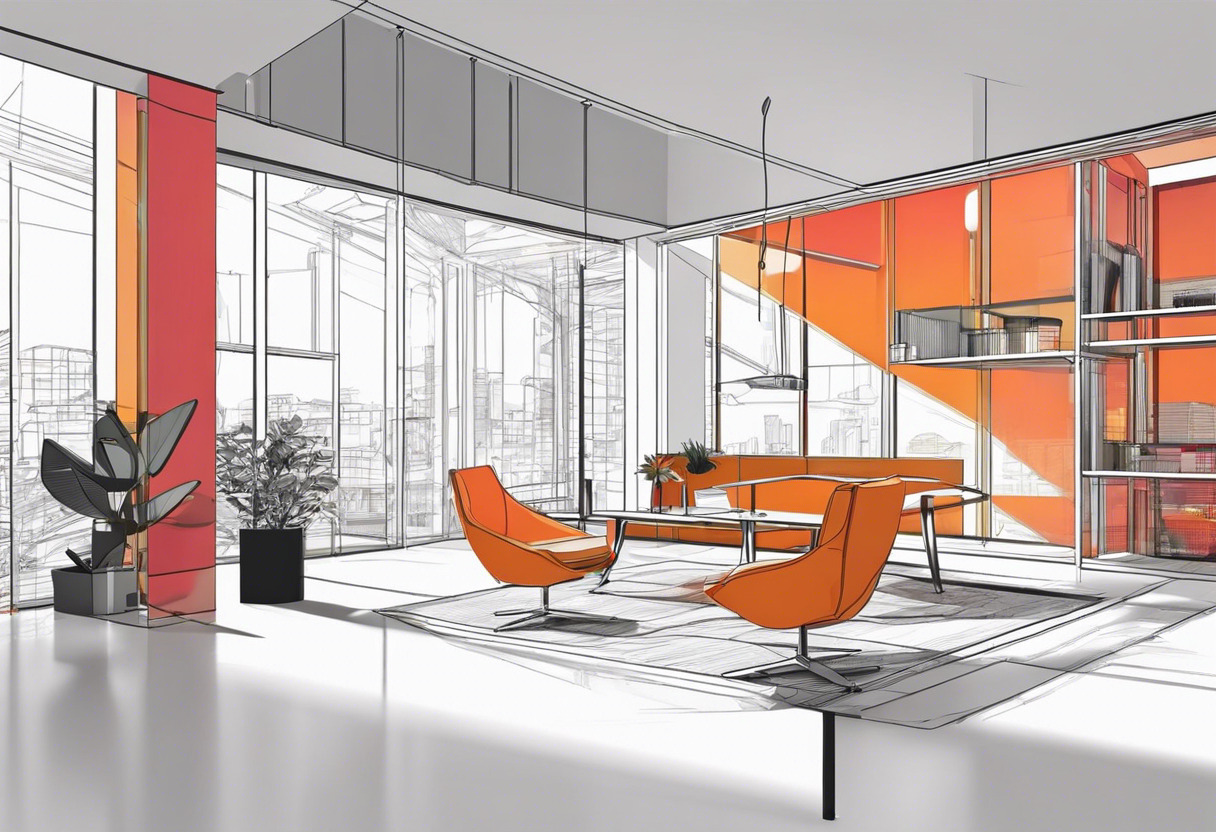 Colorful interior of an architecture office, a 3D model on a screen