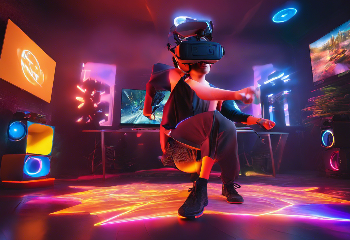 Colorful picture featuring a gamer engrossed in a full-room VR experience powered by SteamVR