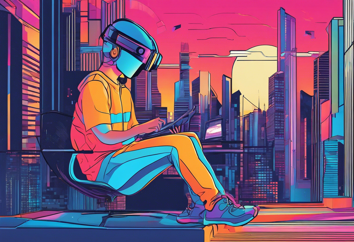 Colorful picture of a tech-savvy gamer using an Oculus VR headset in a futuristic cityscape