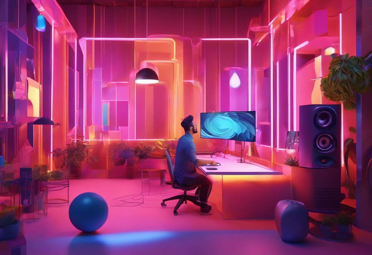 Colorful portrayal of a creative professional animating a vector graphic using Adobe After Effects in a vibrant design studio