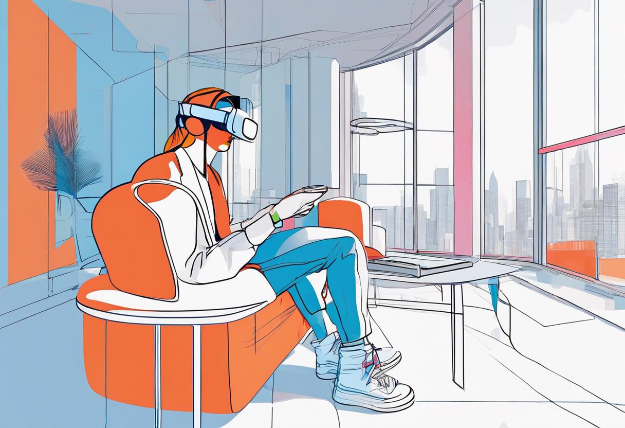 Colorful portrayal of an individual engrossed in a VR game using HTC Vive Pro in a modern, well-lit room