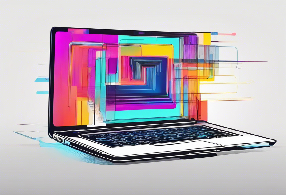 Colorful projection of digitally developing parts on a laptop with the Piston