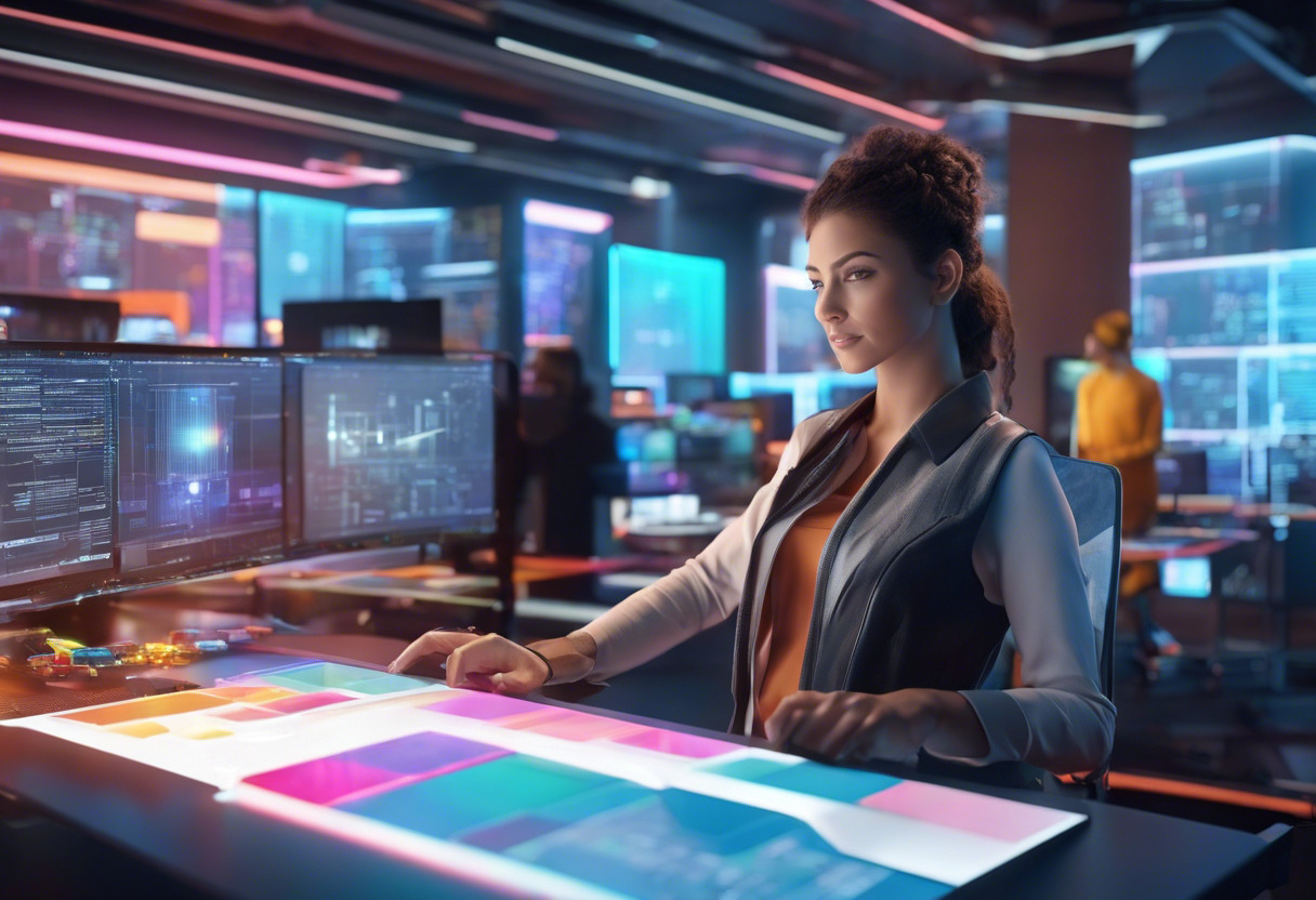 Colorful render showcasing a developer manipulating 3D models on Wikitude interface in a futuristic lab setting