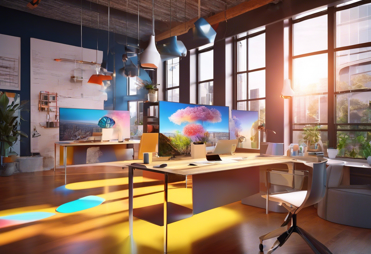 Colorful representation of a creative professional using Adobe Aero to design an AR experience in a modern office setting