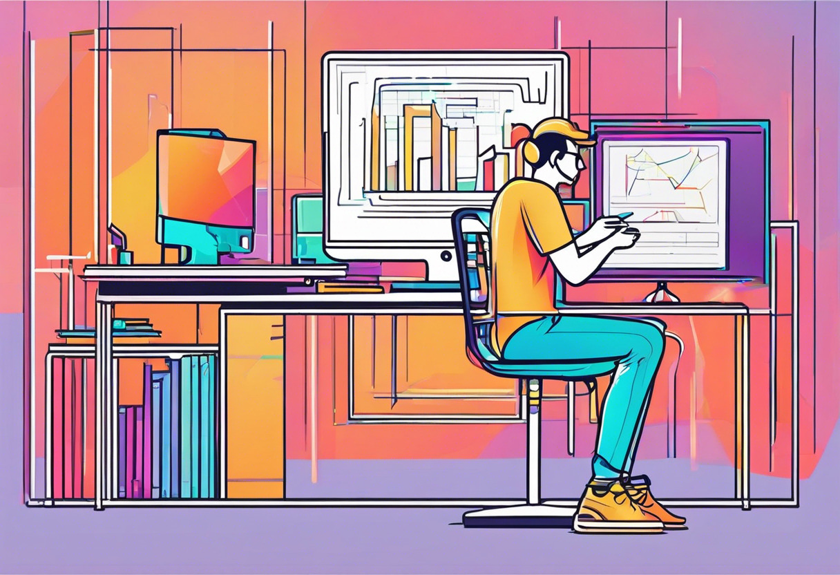 Colorful representation of a developer in front of his computer running a WebGL application