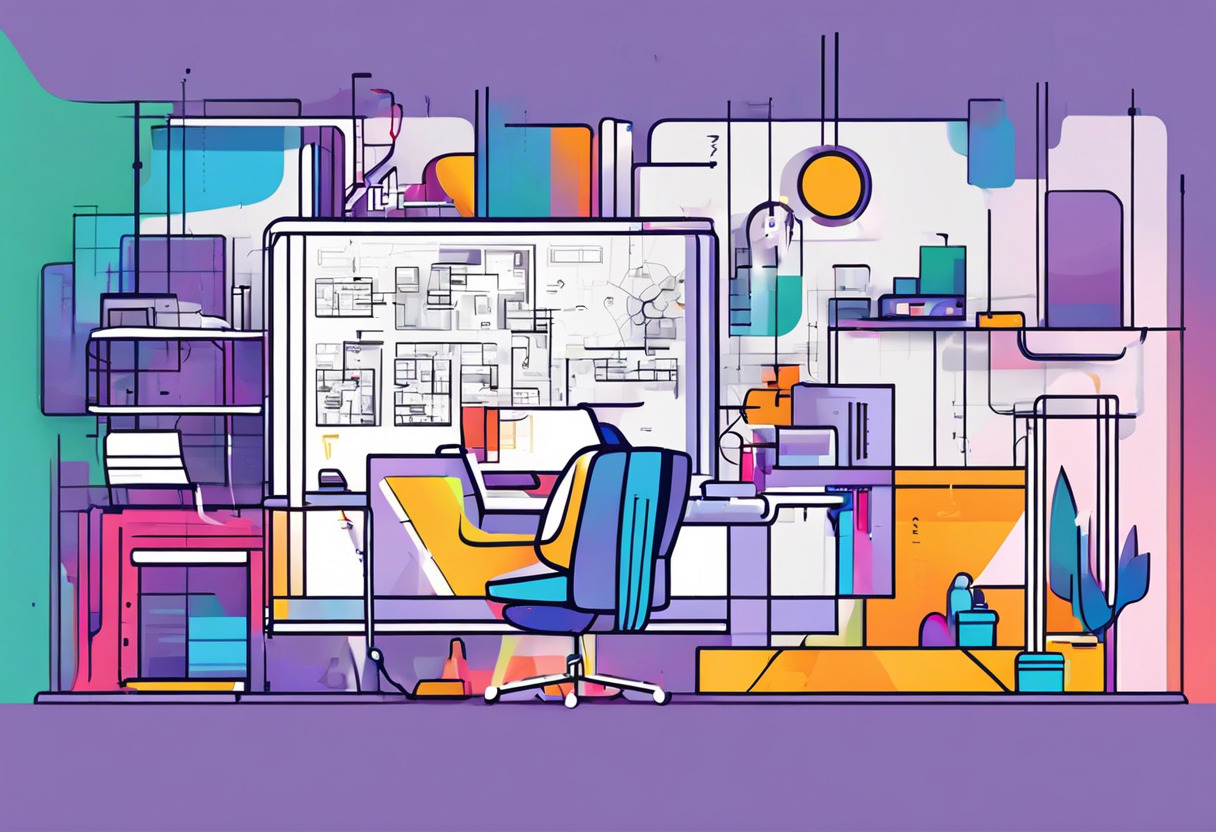 Colorful representation of a developer working on a game using Fyrox in a tech hub