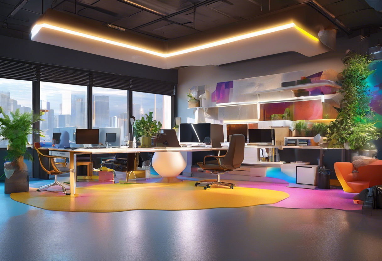 Colorful representation of a high-tech office space where 3D artists collaborate on Sketchfab