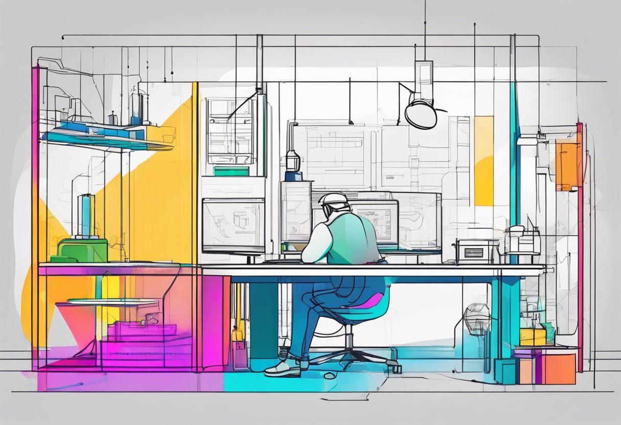 Colorful representation of an engineer designing precise parts using OpenSCAD in an advanced digital lab