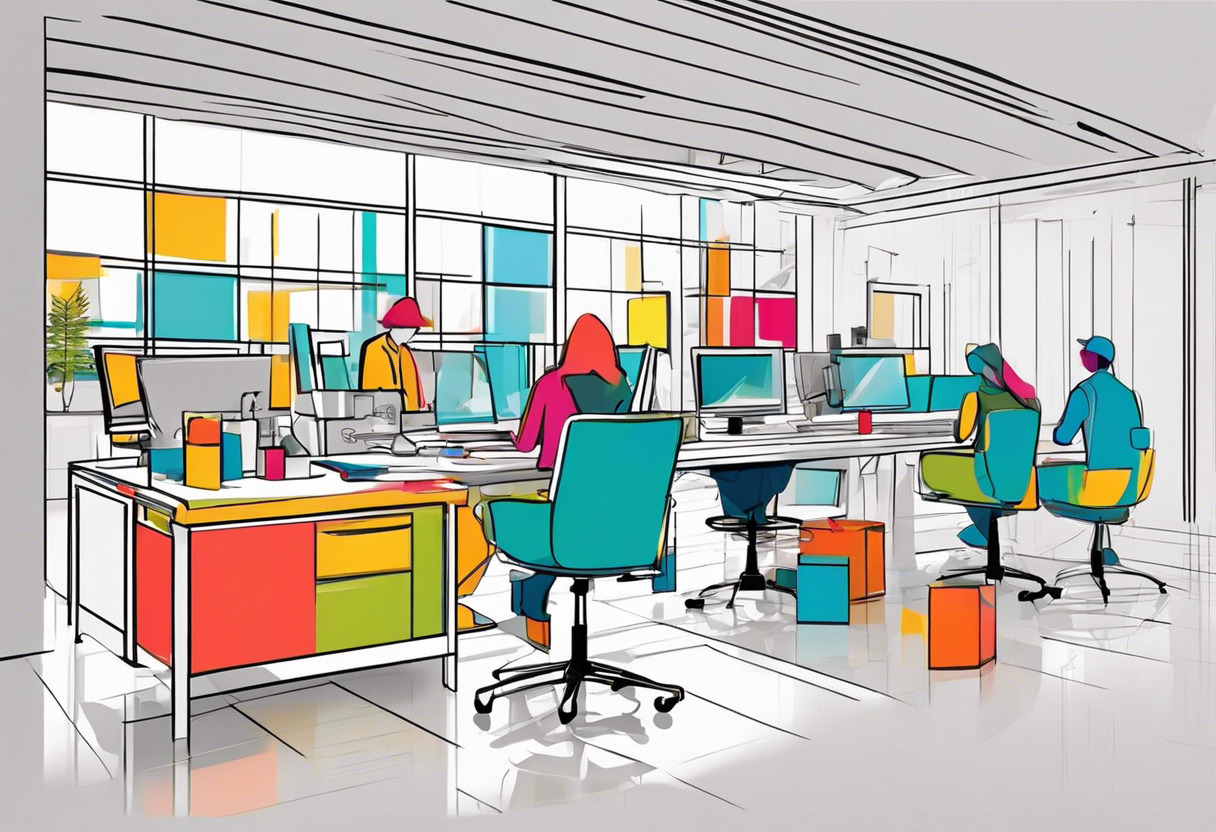 Colorful representation of designers rigorously using Meshmixer in a busy design studio.