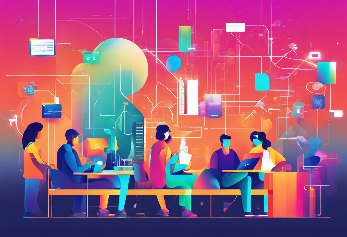 Colorful representation of people from various industries using PlugXR, placed in a digital landscape depicting a metaverse