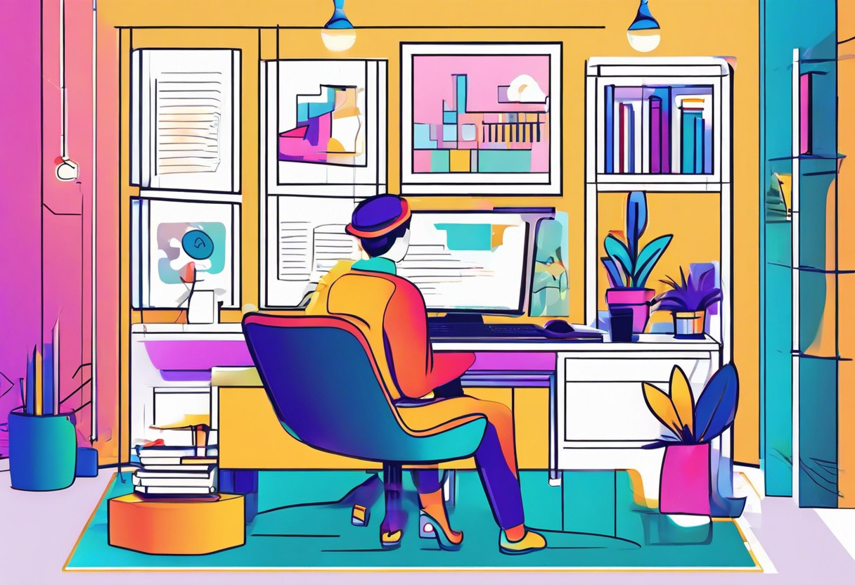 Colorful scene depicting a developer using the ZapWorks Studio for AR content creation