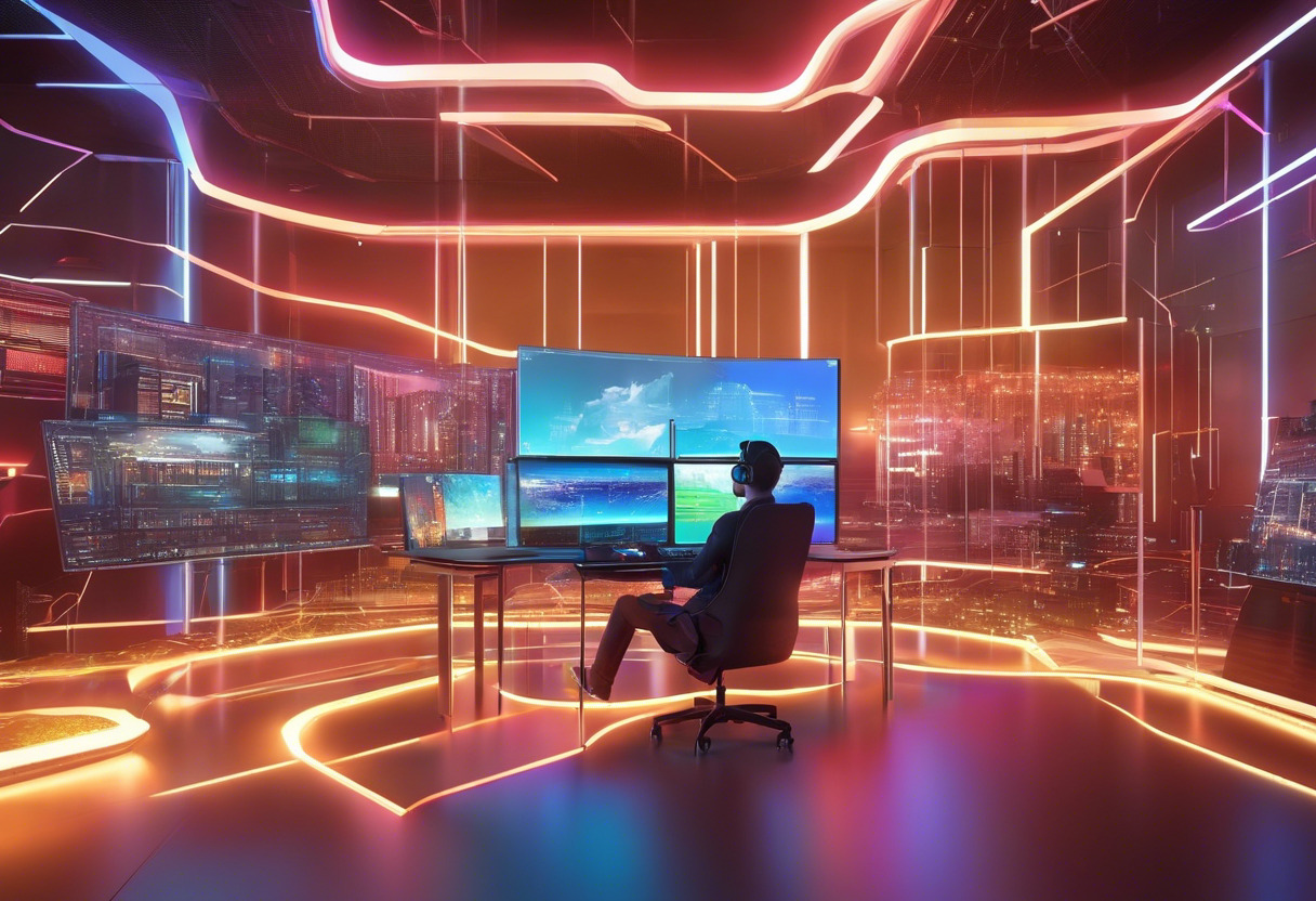 Colorful scene depicting a developer working at a high-tech virtual screen, building a digital game world