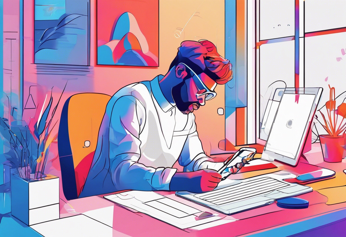 Colorful scene depicting a person using AR technology in an activity-filled workspace