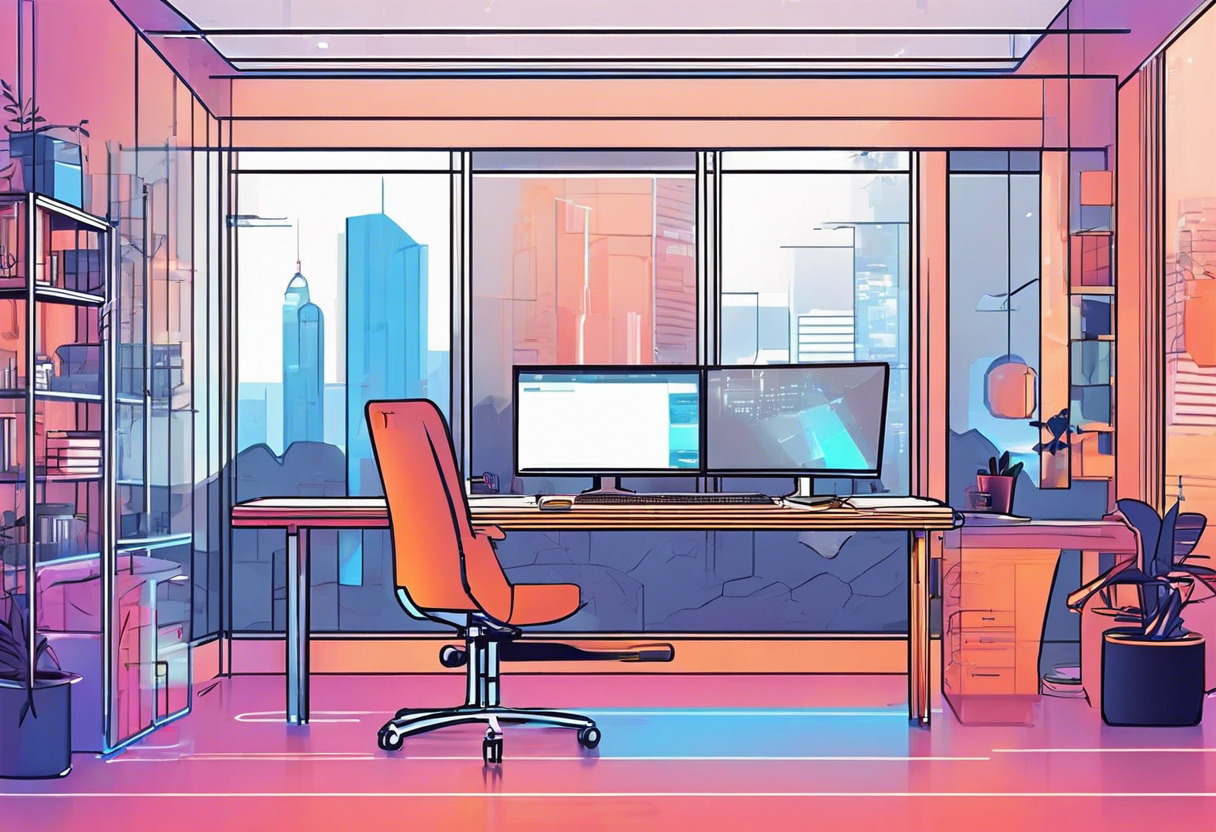 Colorful scene of a blockchain developer working on a Godot game in a high-tech office