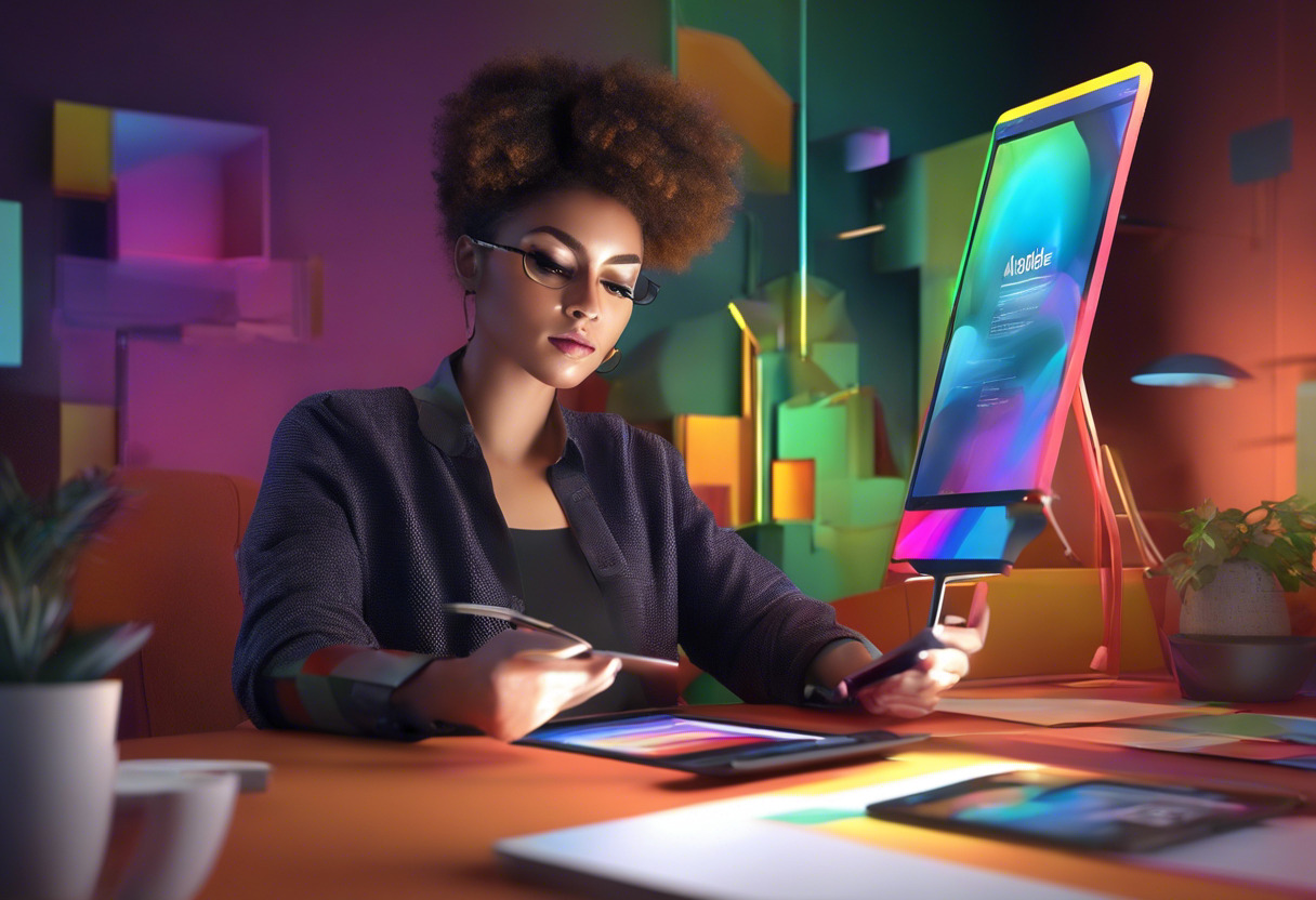 Colorful scene of a designer using Adobe Aero features on a tablet