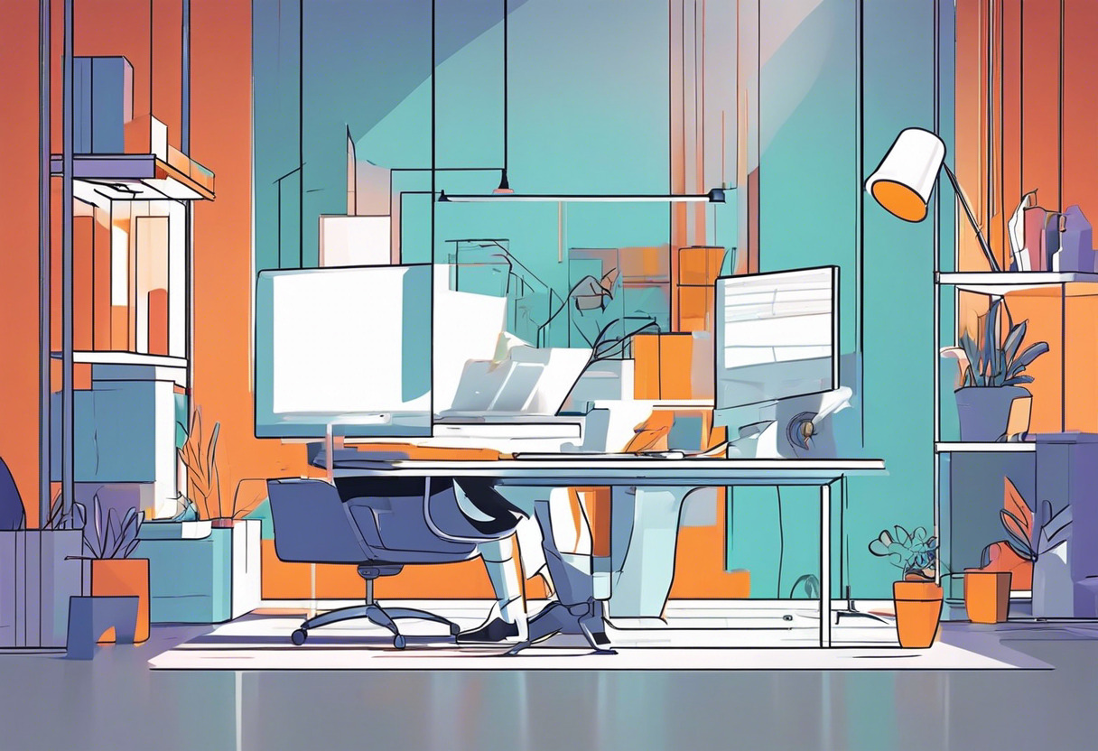 Colorful scene of a digital animator at work in a feature-rich 3D studio