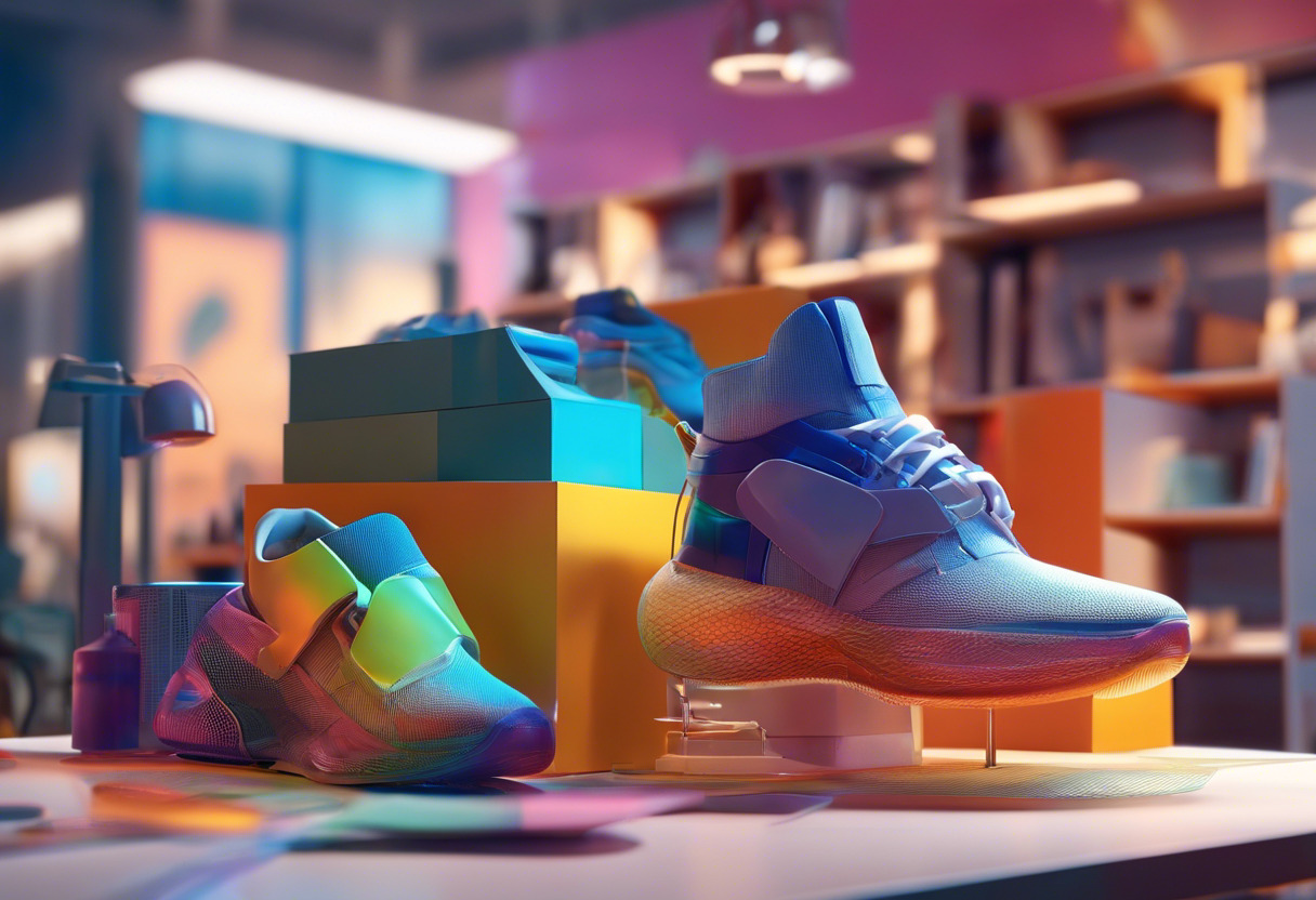 Colorful scene of a footwear designer working on Modo in a tech-inspired office