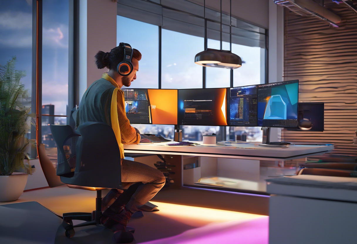 Colorful scene of a game developer in a modern office, working on Unreal Engine at a high-end computer workstation