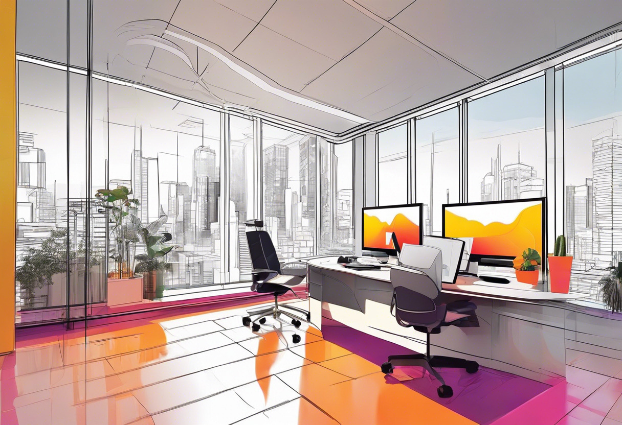 Colorful scene of a professional architect utilizing Polycam for 3D viewing in an urban architectural office