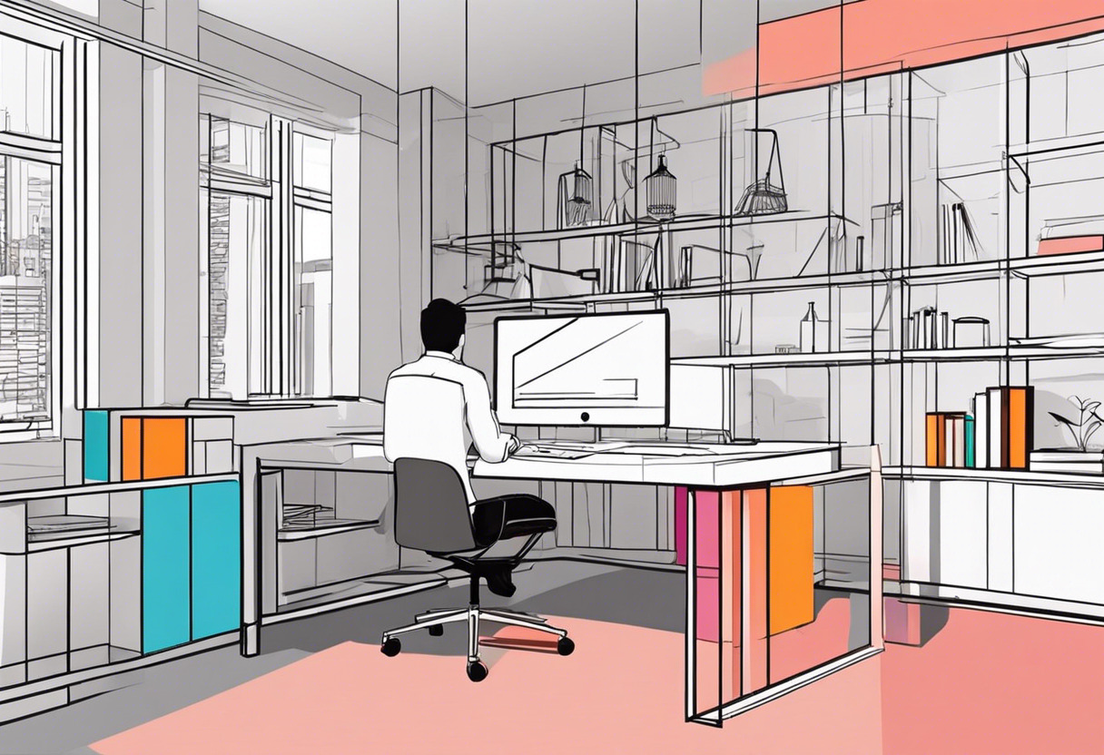 Colorful scene of an architect working on SketchUp in a modern workspace