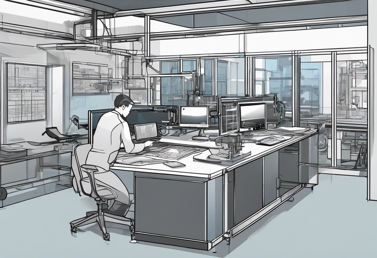 Colorful scene of an engineer using AutoCAD in a high-tech lab