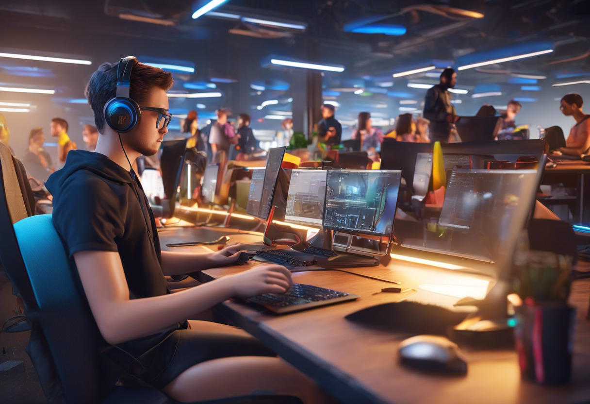 Colorful scene of students and developers engrossed in a tech-focused workspace, each working on various Unreal Engine projects on their high-tech rigs