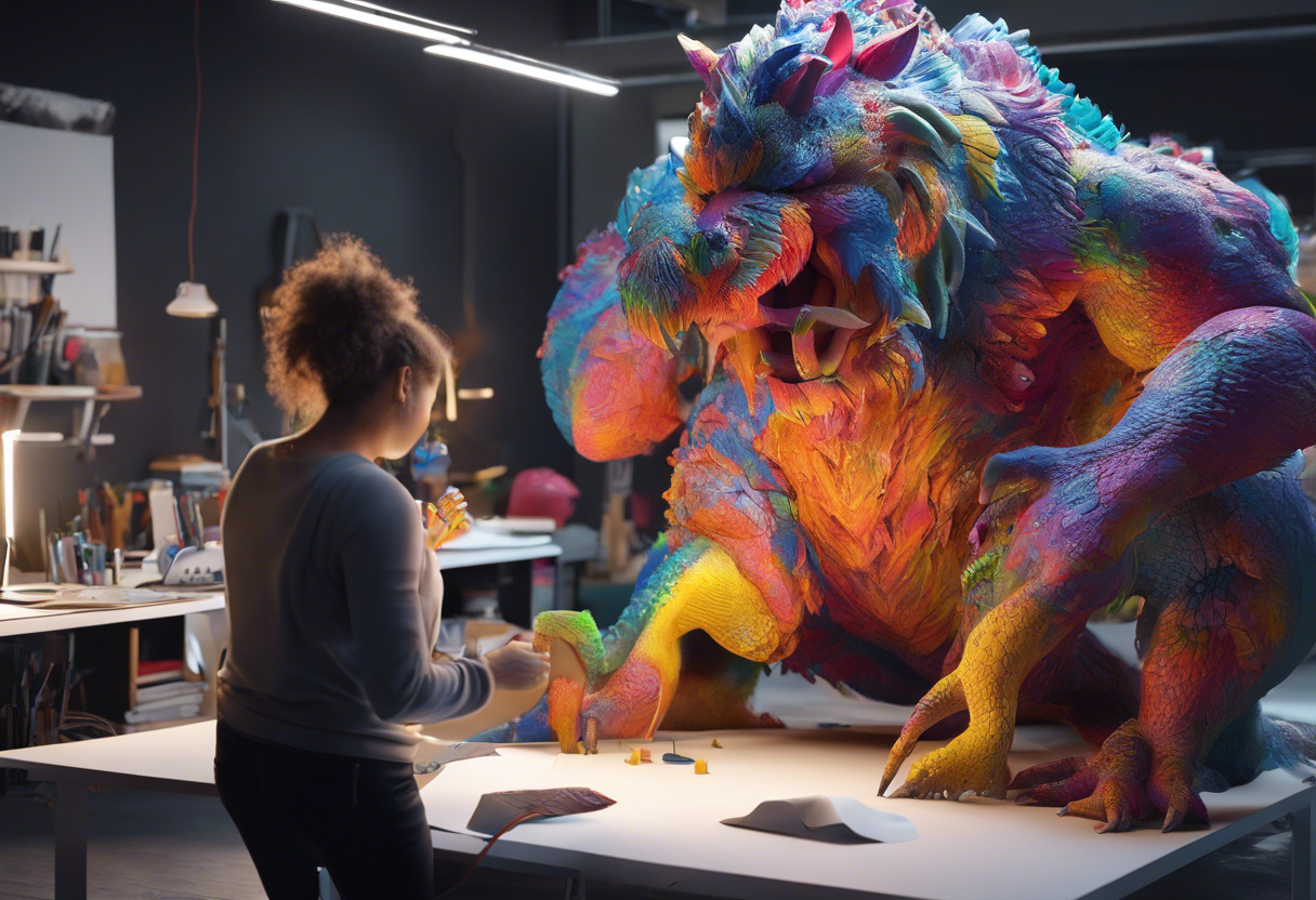 Colorful screenshot depicting a 3D artist working on a Monster model in Mudbox inside a modern design studio