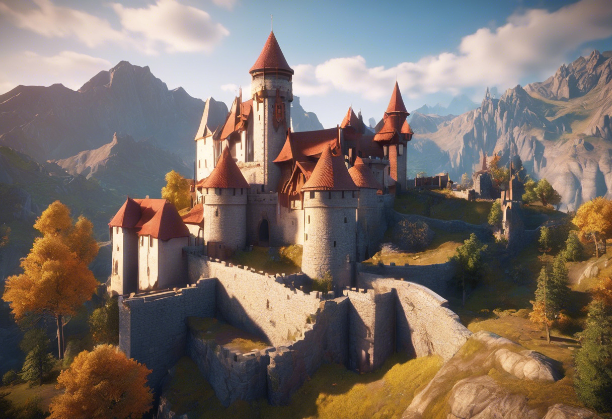 Colorful screenshot of a game developed using Godot's unique scene-driven design, featuring a medieval castle set against a mountainous landscape