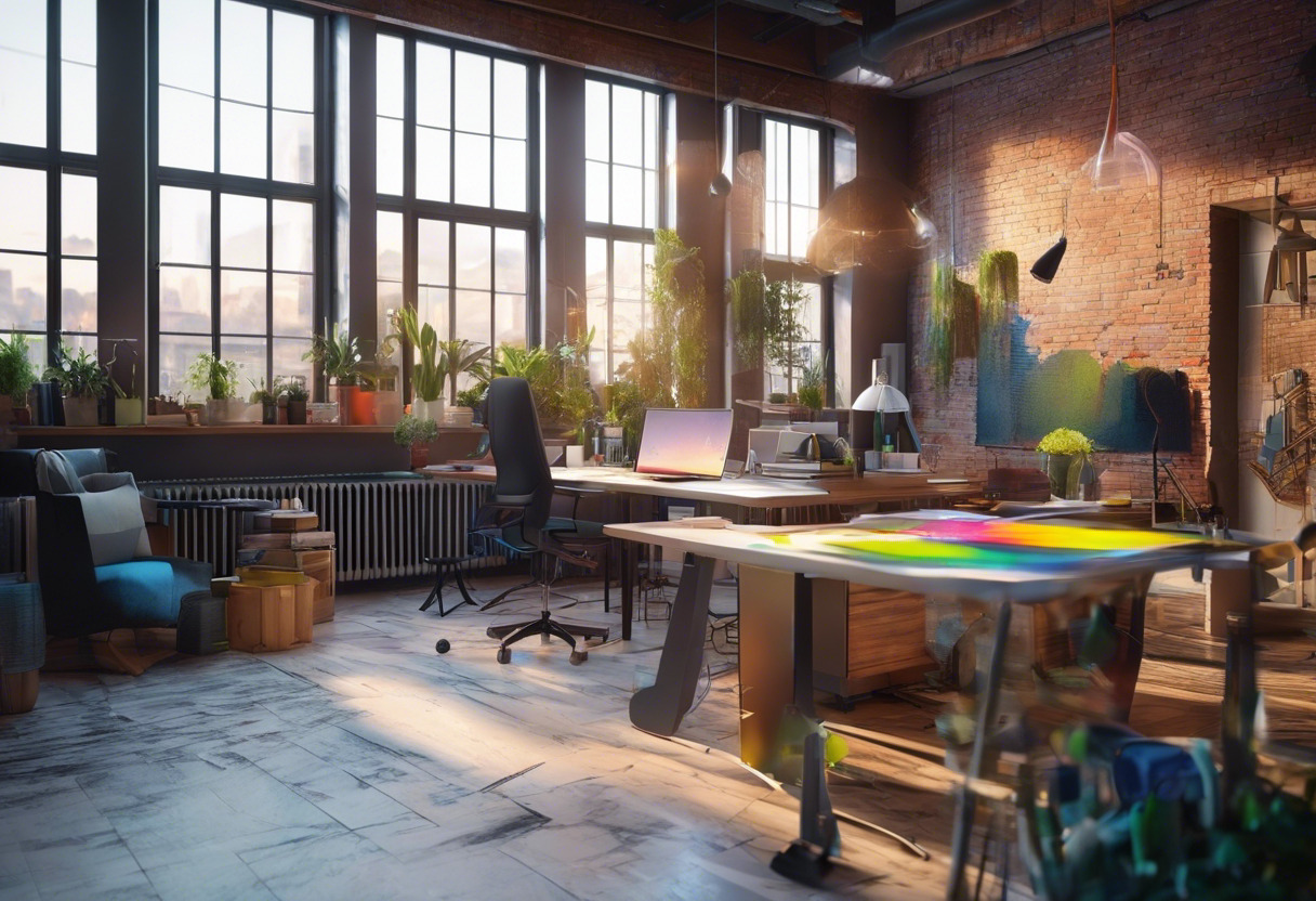 Colorful sketch being transformed into 3D model by a professional designer in a bustling workspace