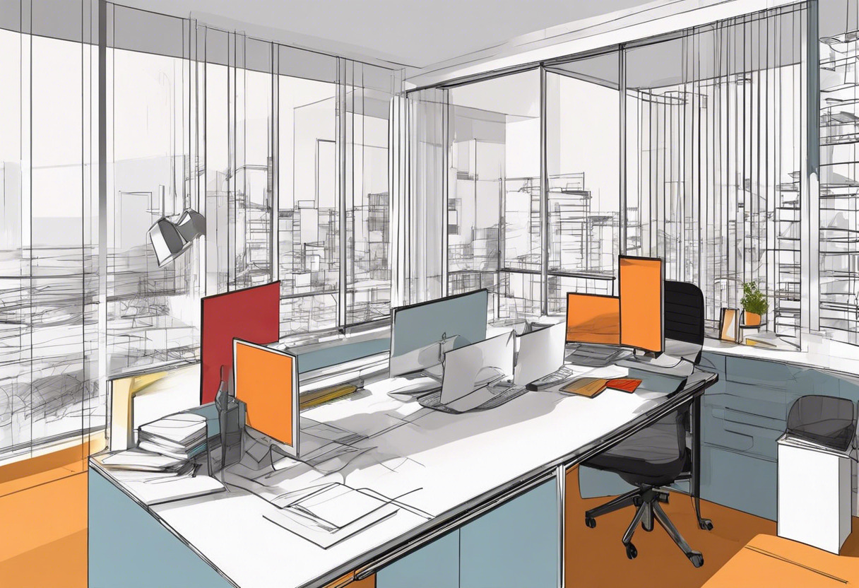 Colorful sketch of an architect working on SketchUp in a modern design studio