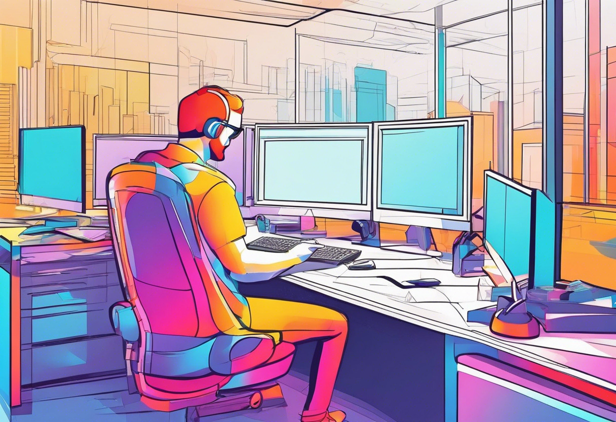 Colorful snapshot of 3D game development mid-process featuring a developer at a professional workstation