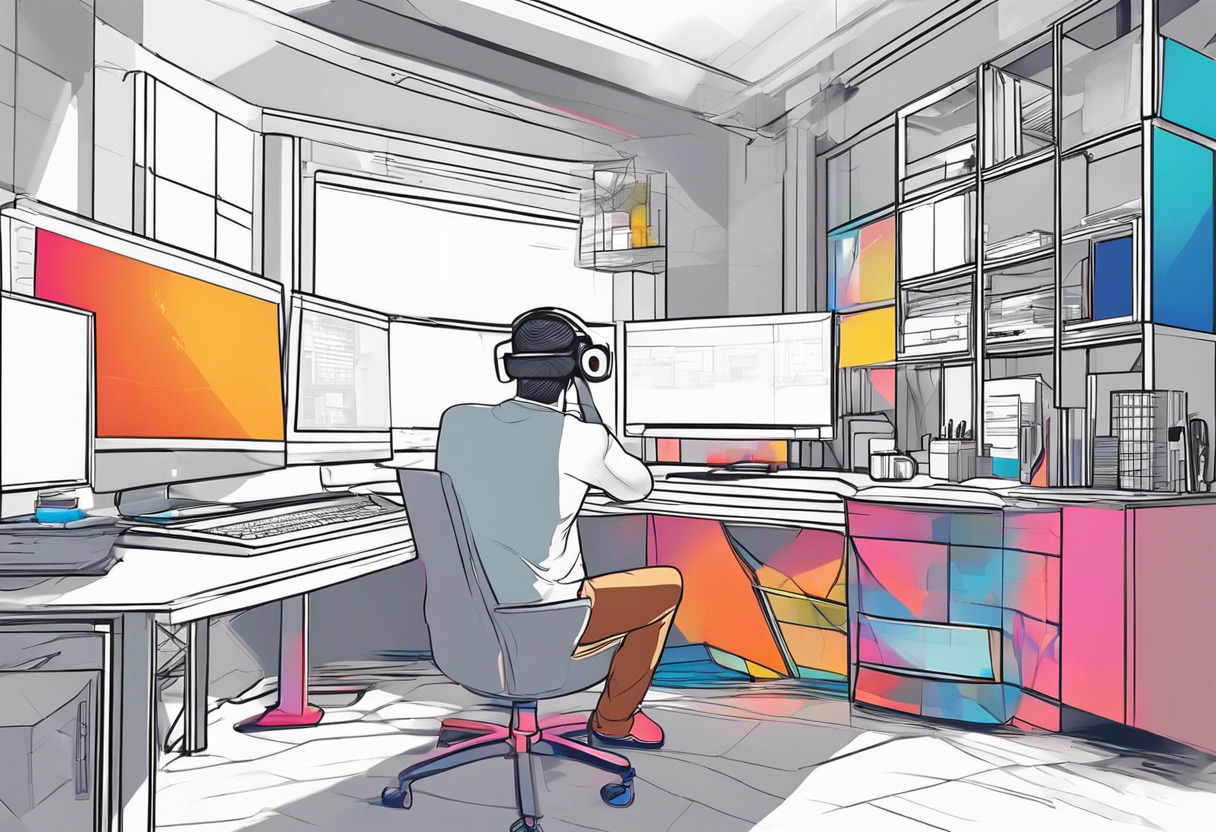 Colorful snapshot of a graphic designer, immersed in virtual reality, utilizing Onirix Studio in a well-equipped digital design lab