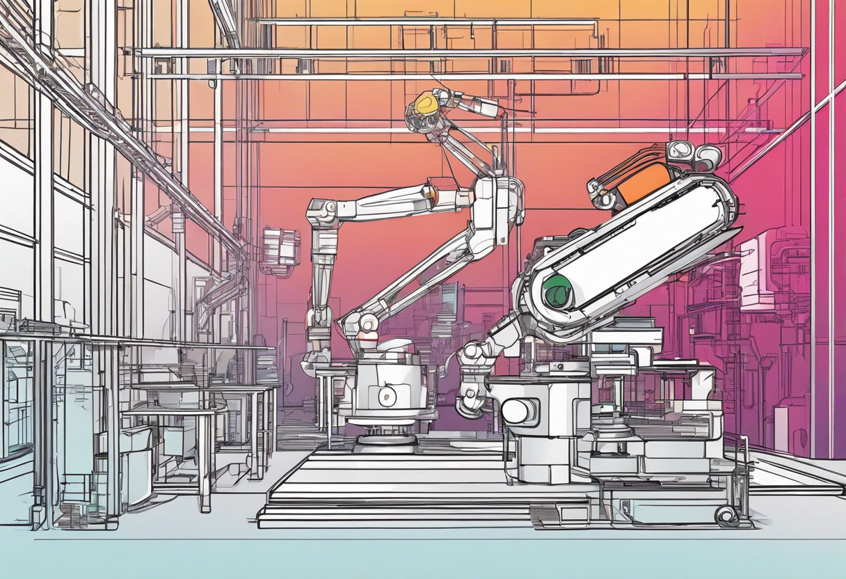 Colorful snapshot of a robotic arm, mapping an industrial work place