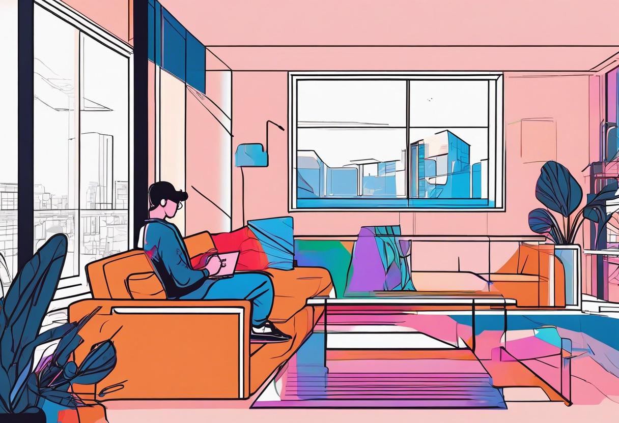 Colorful snapshot of a tech-enthusiast engrossed in a mixed-reality gaming session in a spacious living room