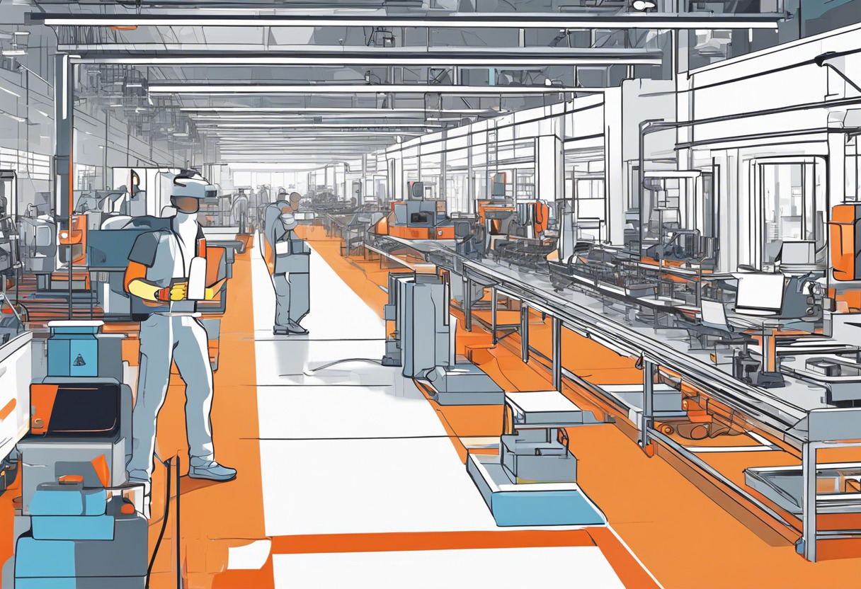 Colorful tech specialist using MagicLeap2 on a bustling factory floor