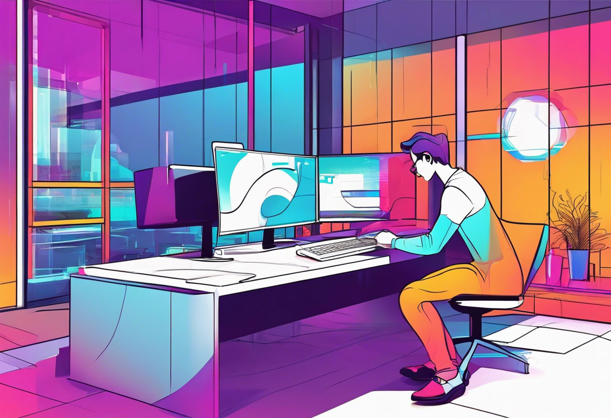 Colorful view of a developer working with Unity software in a futuristic studio