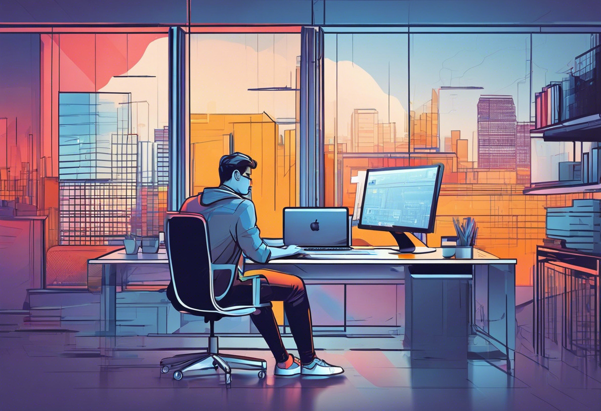 Colorful view of a software engineer coding in a modern workplace