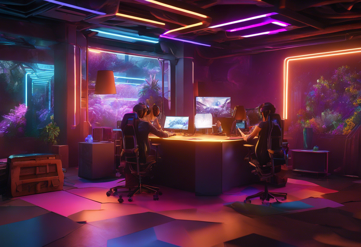 Colorful vision of a team of game artists collaboratively designing immersive levels using Unity